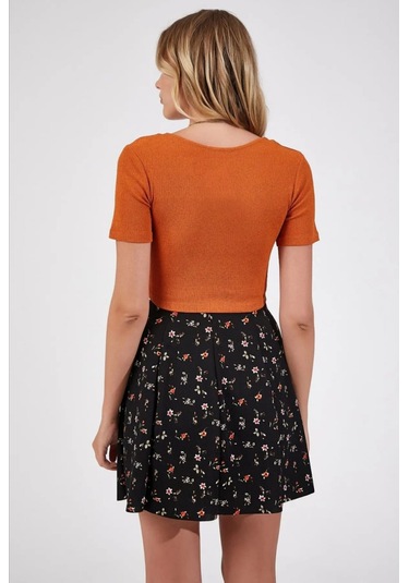 Escbutik Kadın Kruvaze Yaka Kısa Kollu Crop Turuncu