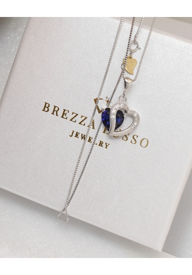 Brezza Lusso Jewelry Diamond Serisi Safir Taşı Kalp Gümüş Kadın Kolye 45 CM 45 CM