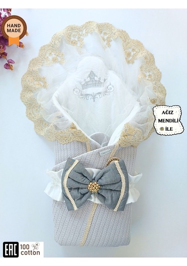 Pembe Triko Örgü Kız Bebek Batttaniyesi Kundağı Kalın Dantelli Yenidoğan Hastane Çıkışı Hediyelik Gri