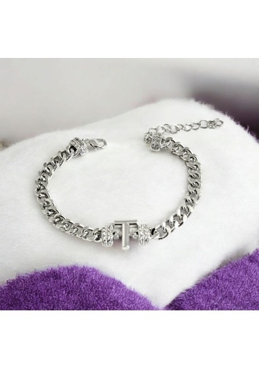 Hg.Aksesuar Kadın Zirkon Taşlı Çelik T Harf Bileklik 887811 Gümüş