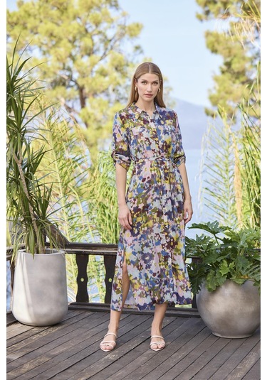 Monamise Kadın Desenli Ve Yırtmaçlı Önü Düğmeli Gömlek Yaka Elbise 25048 Mor