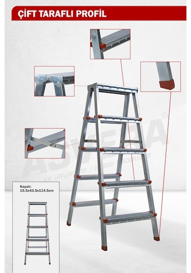 Asvera 5+5 Çift Çıkışlı A Tipi Katlanabilir Profil Merdiven - Çift Taraflı Galvanizli Merdiven