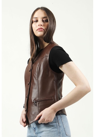 Dericlub Dc-001 Hakiki Deri Kadın Yelek Kahverengi