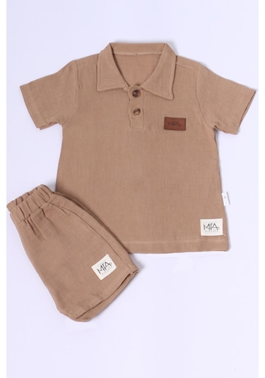 Erkek Bebek Şortlu Takım Polo Yaka Düğmeli Düz Renk E8 kahverengi
