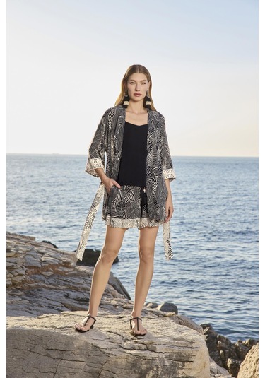 Monamise Kadın Çizgi Desenli Ve Dantelli 3'lü Alt Üst Takım 25009 Siyah