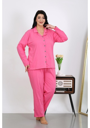 Akbeniz Kadın Büyük Beden Pamuklu Cepli Düğmeli Pembe Pijama Takım 202504 Pembe