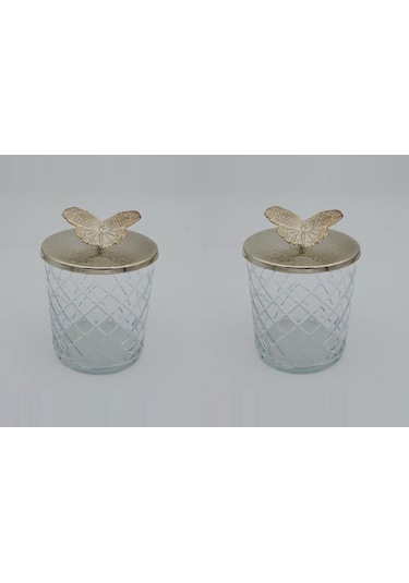 Fidex Home 2'li Dekoratif Cam Çerezlik Şekerlik Metal Kelebek Kap