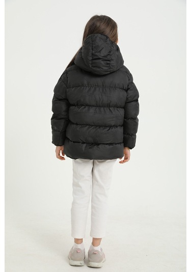 Freemen Kız Çocuk Siyah Polarlı Kürklü Kapüşonlu Su Geçirmez Rüzgara Dayanıklı Şişme Kışlık Mont Siyah