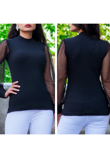 Kadın Siyah Kolu Tül Detaylı Yarım Balıkçı Kaşkorse Bluz 6160 Haki