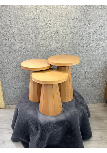 Kayın Kaplamalı Mdf Mantar Sehpa 3 Lü Set