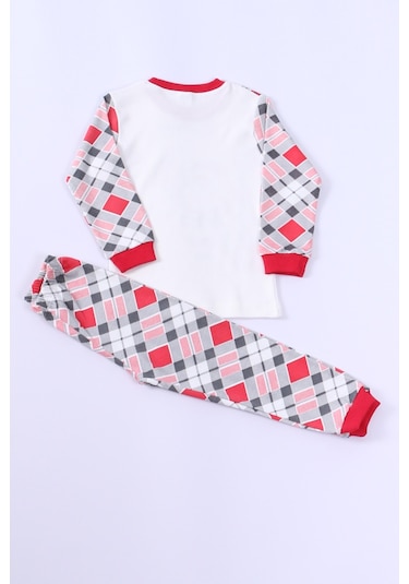 Çocuk Yılbaşı Pijama Takımı Noel Baba Baskılı Ribanalı D8 Kırmızı