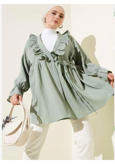 Lovie Moda Kadın Yaka Fırfırlı Kimono Haki