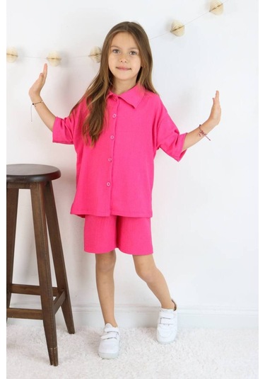 Gömlek Oversize Kız Şort Takım Canlı Fuşya