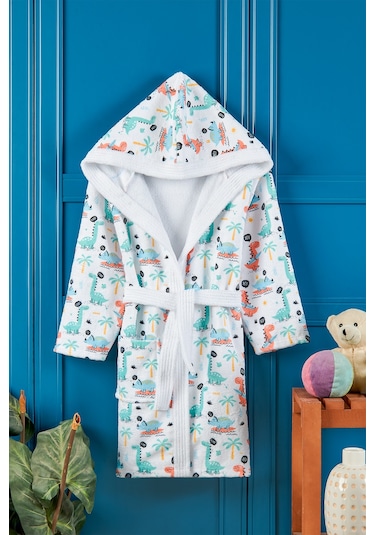 Dino Dijital Baskılı Çocuk Bornozu Yeşil