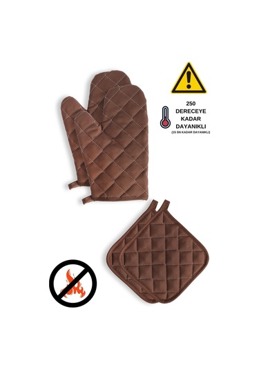 Yanmaz Ve Isıya Dayanıklı Fırın Eldiveni Ve Tutacak 2 Eldiven, 2 Tutacak Kahverengi