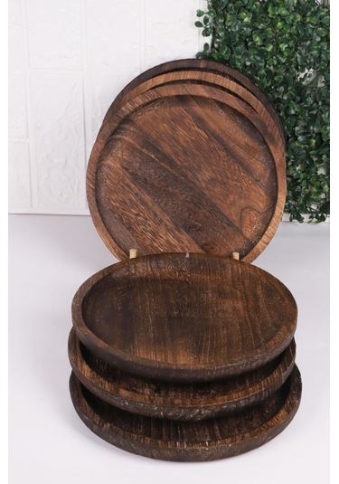 Bambum Patrin Doğal Ahşap Yuvarlak Küçük Tabak 6 Lı Set 25x2 Cm Kahverengi