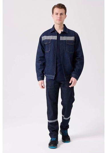 Erkek Denim Isg Mont Koyu Reflektör Detaylı Ce Tulipa Kot İş Güvenliği Reflektörlü Ceket Lacivert