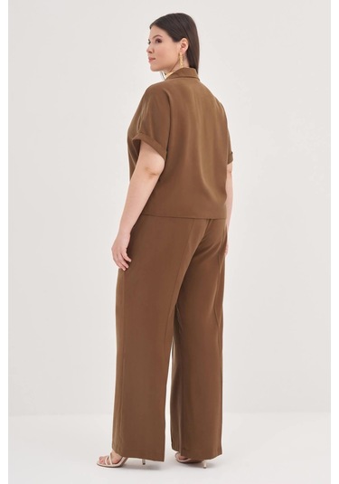 Kısa Kollu Oversize Gömlek-1801 Kahverengi