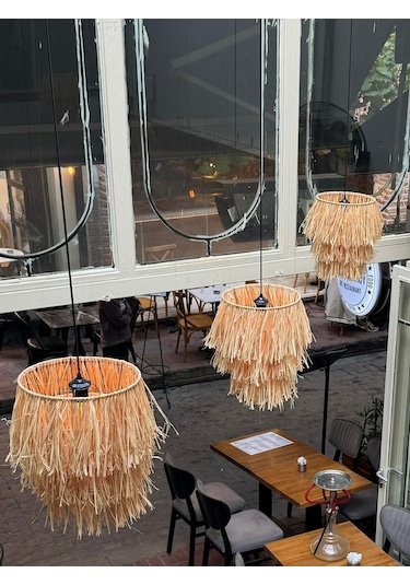 Maison Avf Büyük Püsküllü Rafya Hasır El Yapımı Bohem Tasarım Sarkıt Avize 3 Adet Bambu