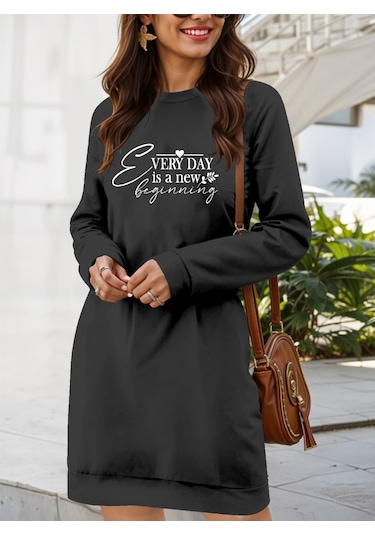 Tua Moda Kadın Uzun Kollu Bisiklet Yaka Kısa Viskon Iki Iplik Elbise Antrasit