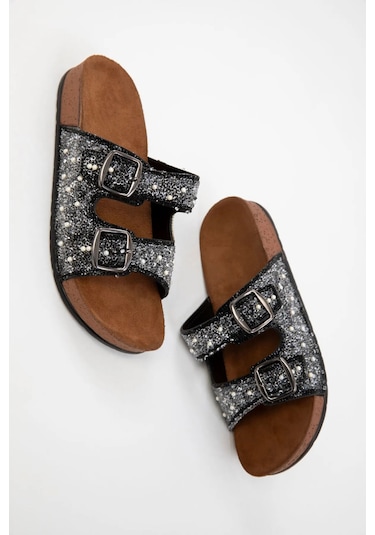 Yazlık Kadın Ortopedik Taşlı Havuz Günlük Çift Tokalı Terlik Antrasit