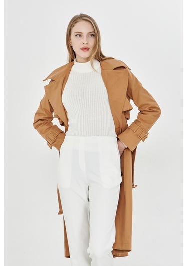 Pastelastore %100 Pamuk Gabardin Uzun 110cm Astarlı Kemerli Kadın Trençkot 1111 Tarçın