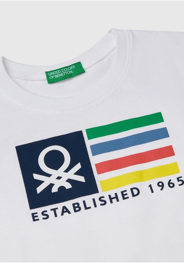 Erkek Çocuk Sarı Benetton Logo Baskılı T-shirt Beyaz