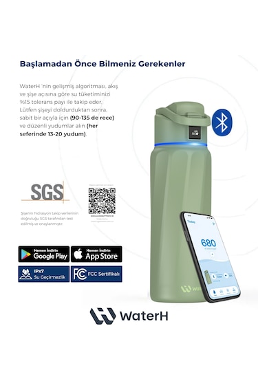 Waterh Boost Akıllı Termos Hidrasyon Takibi Yapan, Yalıtımlı 0.95 L / 32oz Akıllı Şişe Yeşil