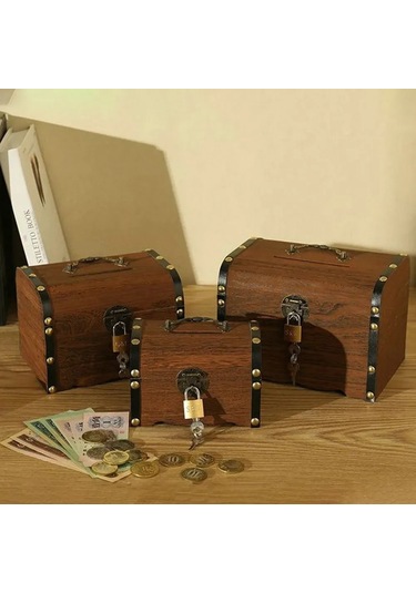 Fosenze Eski Stile Sahip El Yapımı Ahşap Kumbara, Kilitli Para Kazanma Kutusu, 15x10x10cm, Kahverengi Renk, Dini Bayramlar Ve Hediyeler İçin Uygun Haki