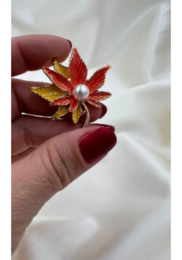 Bb Akağaç Yaprağı İncili Broş Altın - Kahverengi