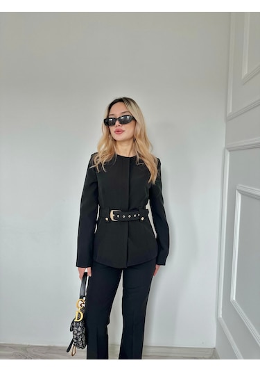 Keymoda Kadın Gold Kemerli Ceket Pantolon Takım Siyah Siyah