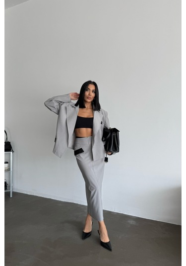 Sensuelle Crop Ceket - Etek Takım - Gri