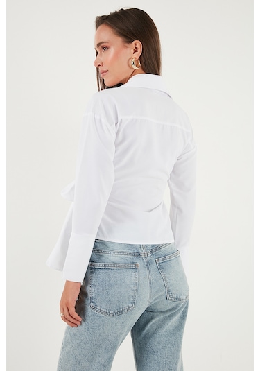 Lela Pamuklu Regular Fit Uzun Kollu Bağlama Detaylı Bayan Gömlek 65200538 Beyaz