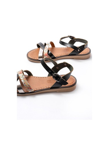 205-015 Siyah Garni Ortopedik Hakiki Deri Kadın Sandalet Siyah