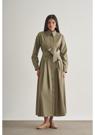 Mizalle Premium Saf Pamuk Haki Piliseli Uzun Elbise Haki