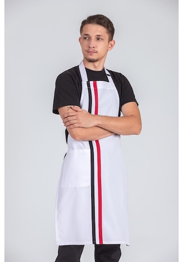 Erkek Boyundan Asmalı Çizgili Barista Şef Mutfak Önlüğü Beyaz