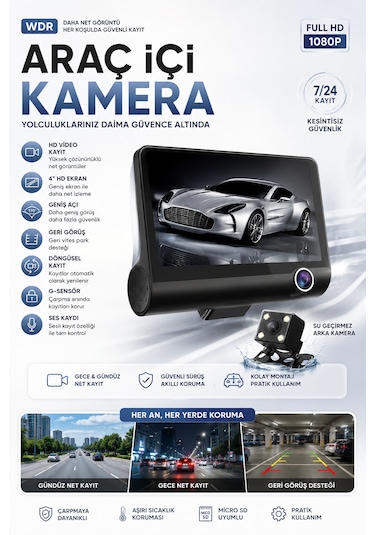 1080p Full Hd Araç Içi Kamera Ön Arka Ve Iç Kayıt 3 Kamera Gece Görüşlü G Sensör Geniş Açı
