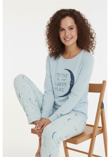 Luxury Thermal Hilal Desenli Kadın Polar Kışlık Pijama Takımı 42064 Lacivert