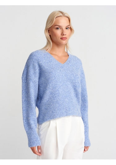 Dilvin 10645 V Yaka Yumuşak Dokulu Triko Kazak-indigo M. İndigo M.