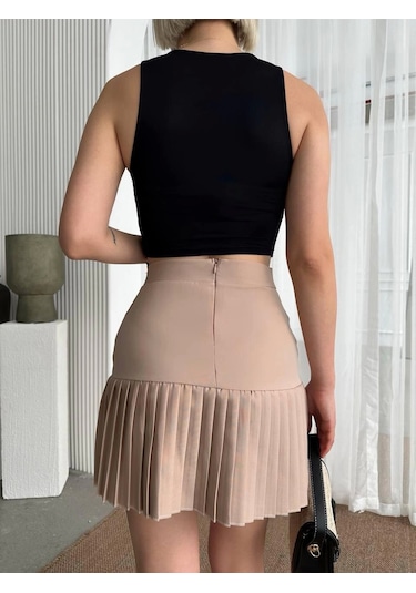 Altı Pliseli Mini Etek Bej