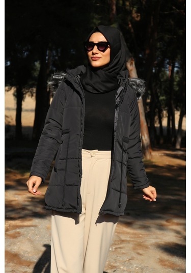Toridas Kışlık Yaka Kürklü Uzun Kadın Şişme Tesettür Mont Bt122siyahtesettür 001