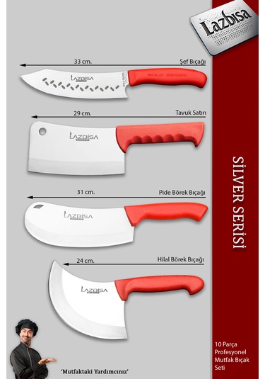 Silver Pro Seri Mutfak Bıçak Seti 10 Parça Et Börek Şef Bıçağı Kırmızı
