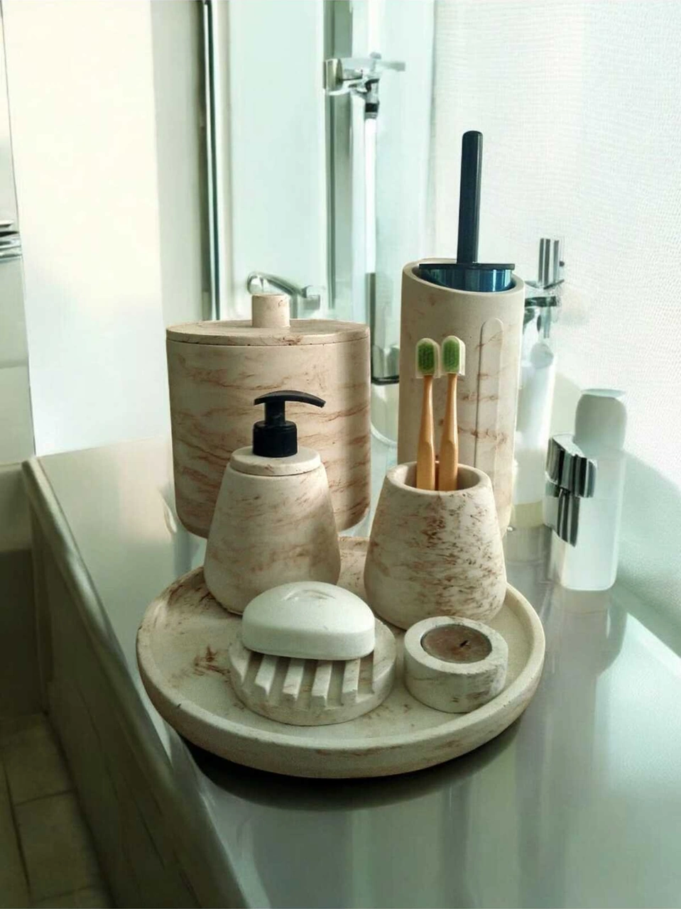 Mermer Desen Bej Beton Banyo Seti,tuvalet Fırçası,çöp Kovası,katı,sıvı Sabunluk,tepsi,mumluk Bej