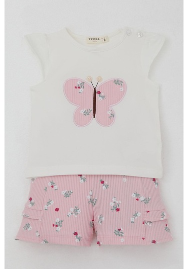 Breeze Kız Bebek Şortlu Takım Çiçek Baskılı Kelebek Nakışlı Düğme Aksesuarlı 6 Ay-2 Yaş, Ekru Ekru