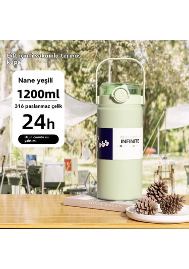 Gıda Sınıfı 316 Paslanmaz Çelik Büyük Kapasiteli Termos Bardak,1100 Ml Avokado Yeşili