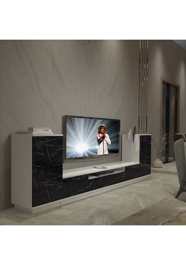 Decoraktiv Trendstyle On2s Mdf Tv Ünitesi Tv Sehpası Beyaz - Siyah Mermer