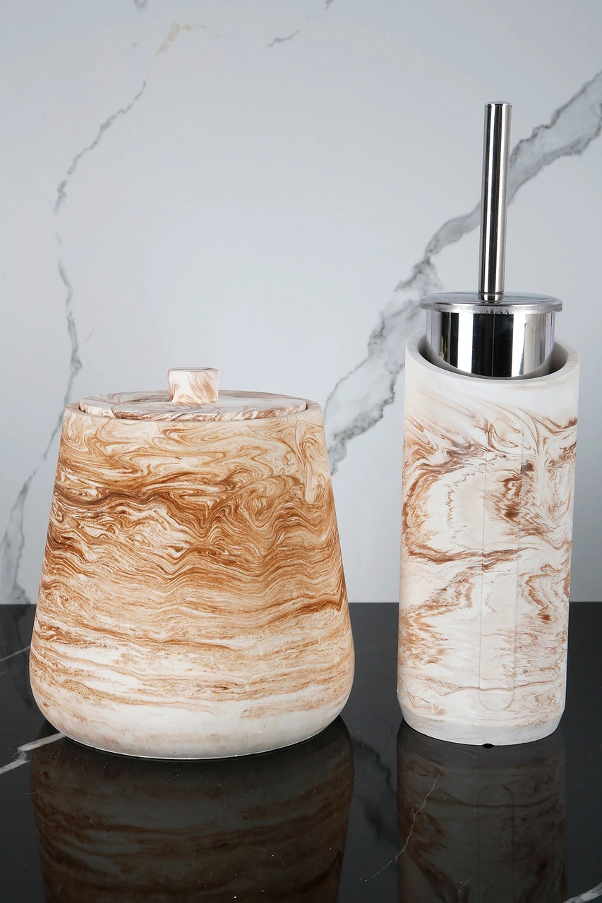 4 Parça Mermer Desenli Beton Banyo Wc Seti Tuvalet Fırçası Çöp Kovası 4 Litre Mermer Deseni