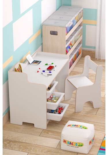Miracle 3d Çocuk Çalışma Masası 90x45cm 3 Sepetli Çocuk Çalışma Masası Sırt Dayamalı Sandalye Beyaz