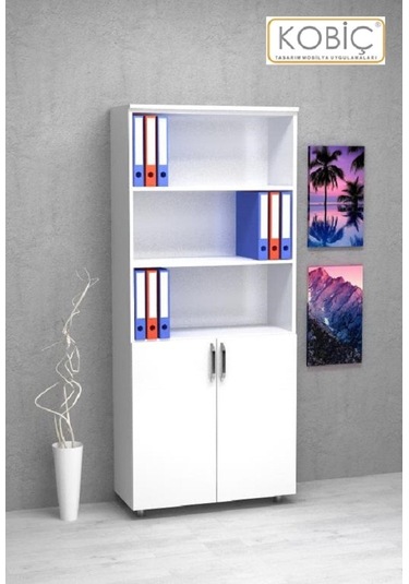 Kobiç Ofis Dosya Dolabı Kilitli Yarım Kapak Suntalam Dolap 80x35x185 Cm Beyaz Beyaz