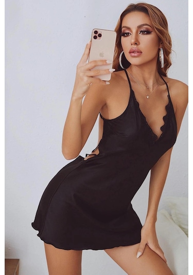 Merry See Sırt Dekolteli Dantel İşlemeli Saten Gecelik İç Giyim Siyah